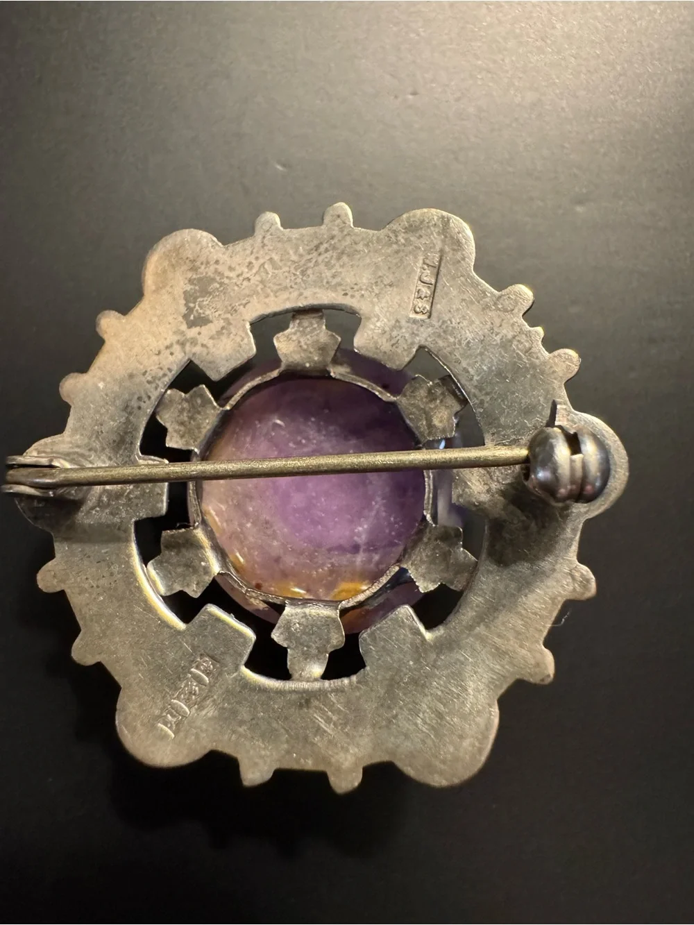 Vintage British Sterling Silver Amethyst Brooch - Hallmarked J&S